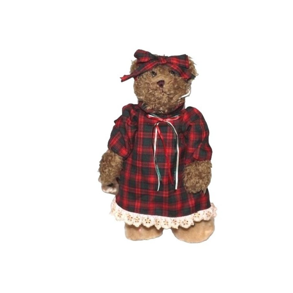 Vintage ABC Distributing Plush Teddy Bear Red & Green Plaid Nightgown